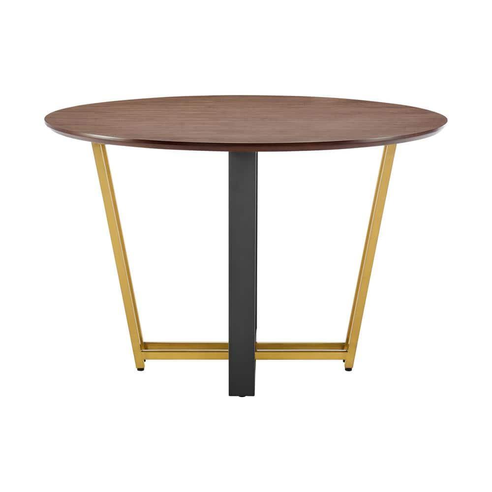 Armen Living 48" Joana Round Stainless Steel and Iron Base with Tabletop Dining Table Gold/Black/Walnut