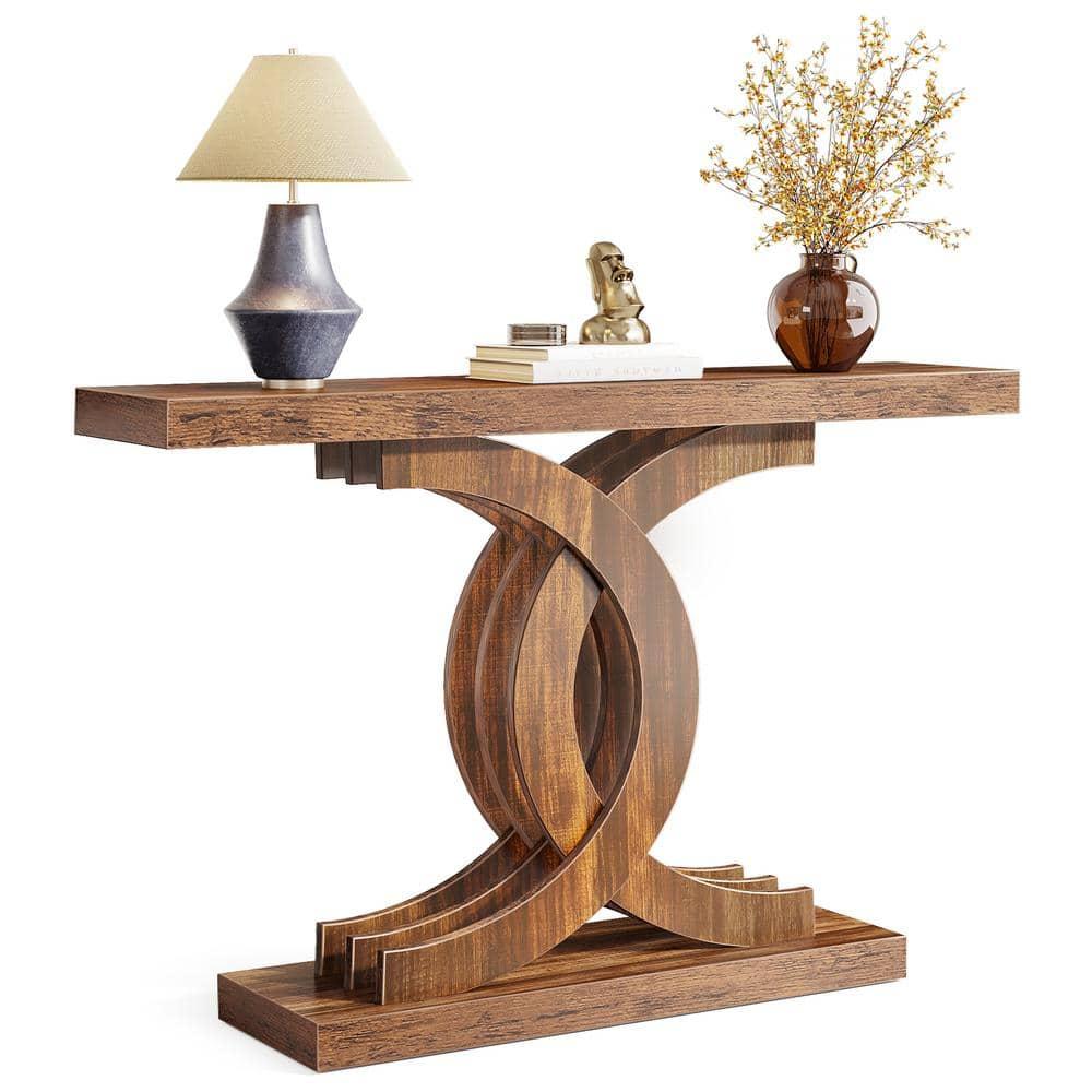 Tribesigns Modern 39-inch Console Tables, Farmhouse Entryway Table with Geometric Base, Wooden Narrow Hallway Table/Sofa Table for Living Room, Brown