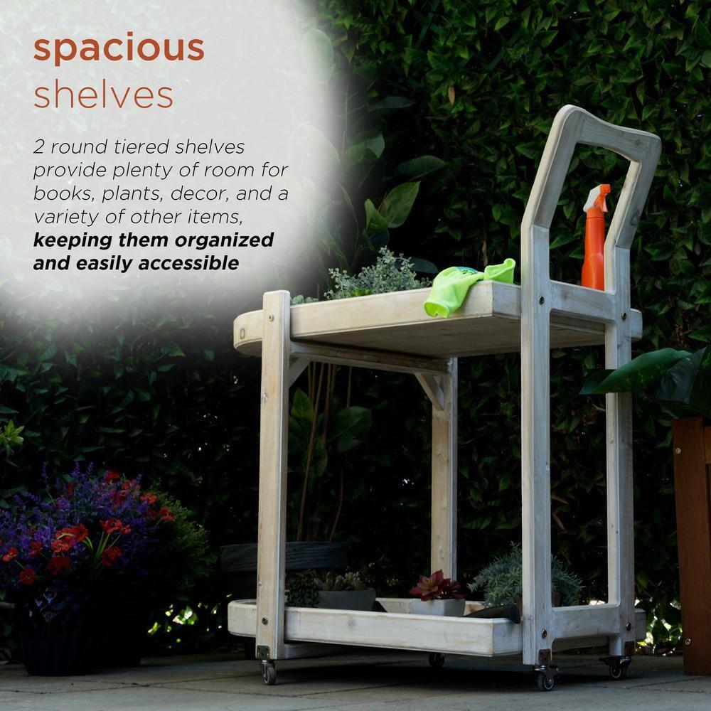 Alpine Corporation MBB174 Wood 2-Tier Rolling Storage Cart for Books, Plants, Decor, Rustic Storage Push Cart with 2 Shelves