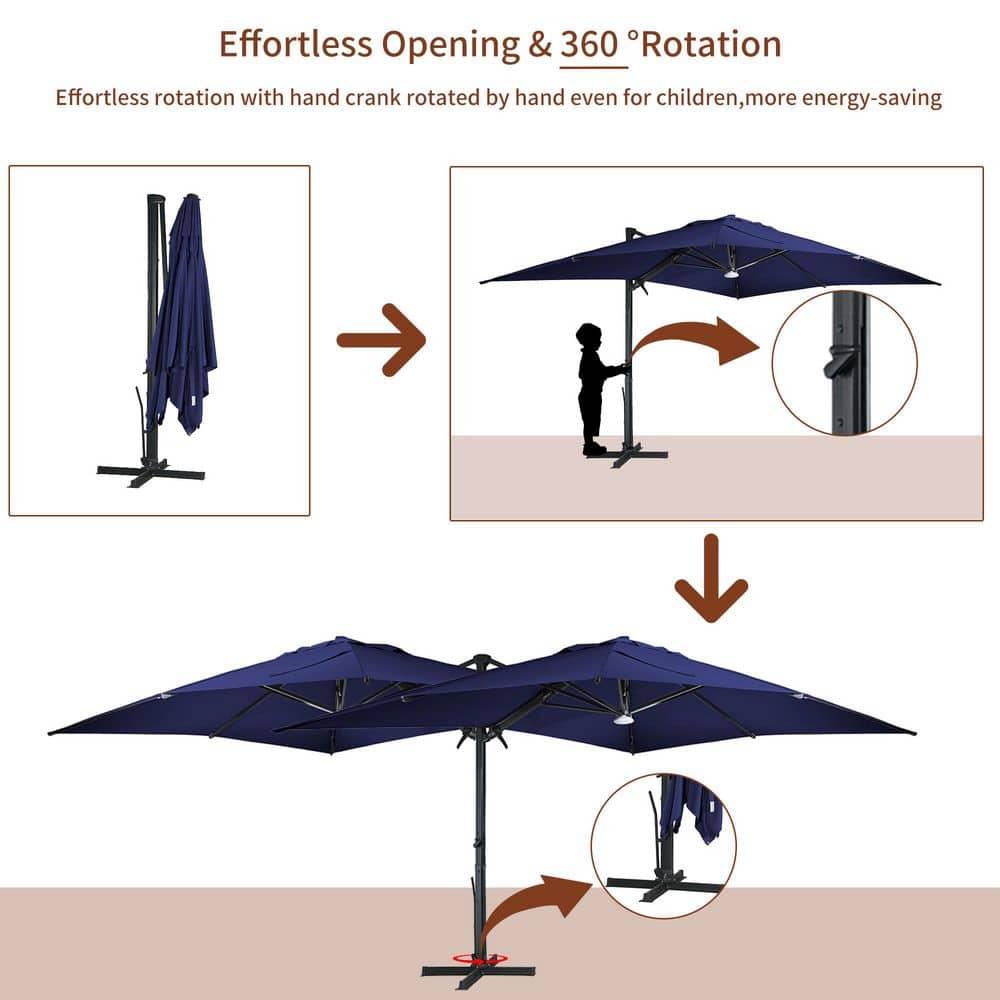 Mondawe 10x13 Ft Patio Cantilever Umbrella with Base,360° Rotation Offset and LED Light Panel,Large Rectangular Outdoor Umbrella for Pool Deck, Navy