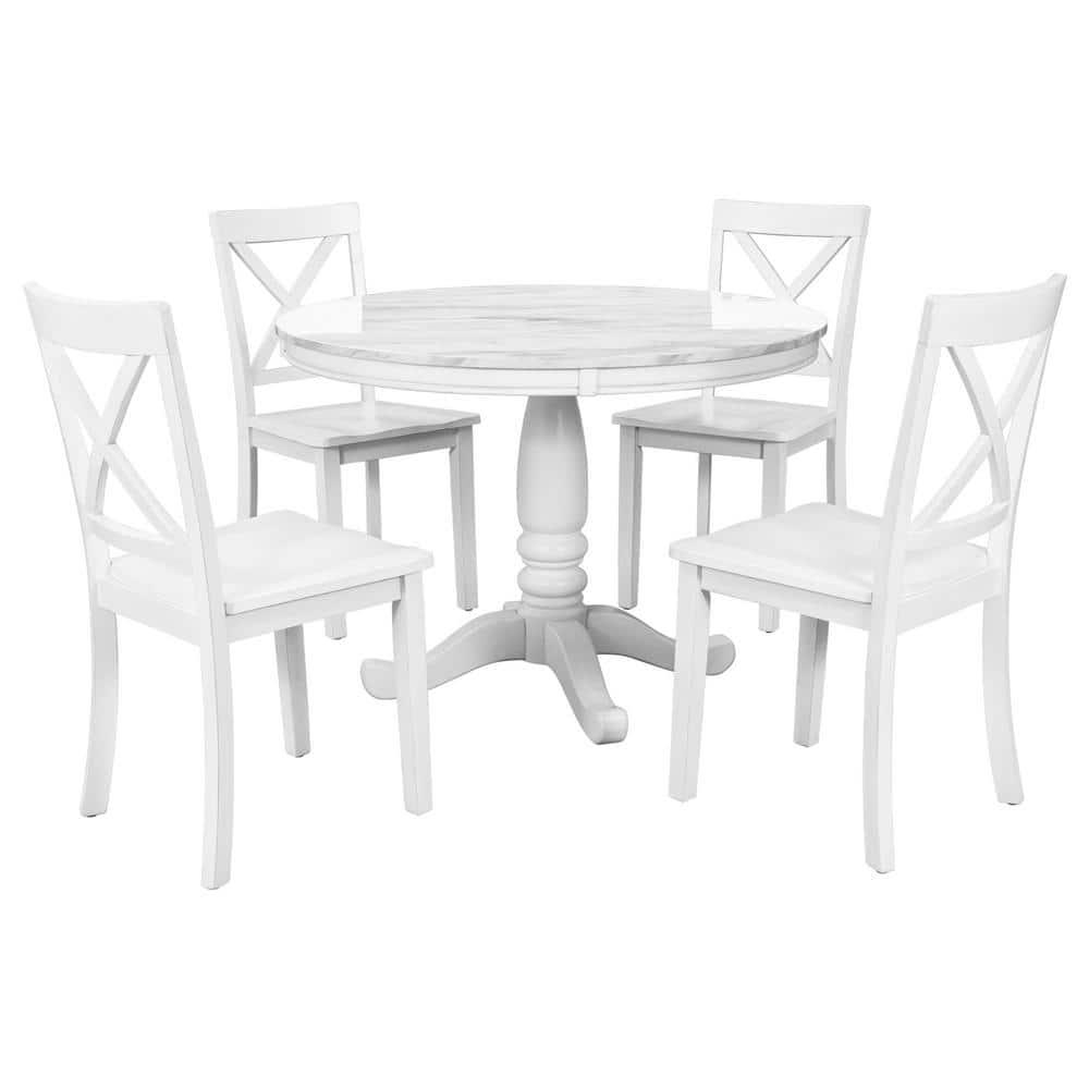 5 Pieces Dining Sets with Round Marble Top Table and 4 Chairs, Fashion Home Kitchen Table and Chairs Set for 4 Persons, Simple Dining Table Set, Steady and Durable, White