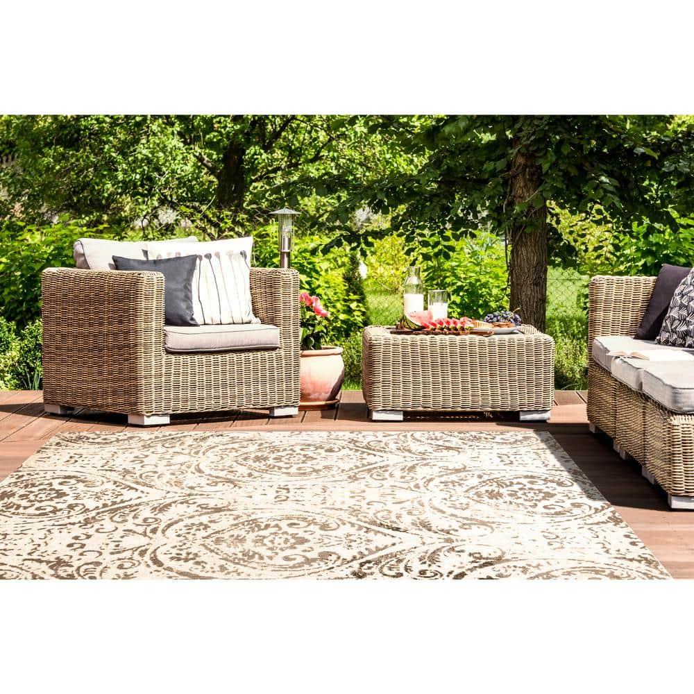 Nicole Miller New York Patio Sofia Juniper Transitional Paisley Indoor/Outdoor Area Rug, Ivory/Gray