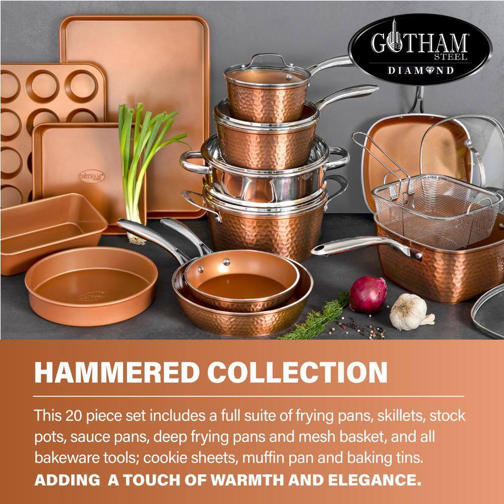Gotham Steel Nonstick Pots and Pans 20 Pcs Kitchen Ceramic Cookware Set Bakeware Cooking Frying Skillet Sauce Pan Hammered
