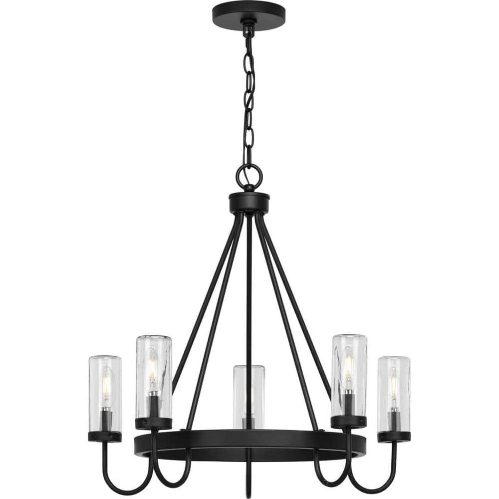 Progress Lighting Swansea 5-Light Outdoor Living Round Chandelier, Matte Black, Clear Glass