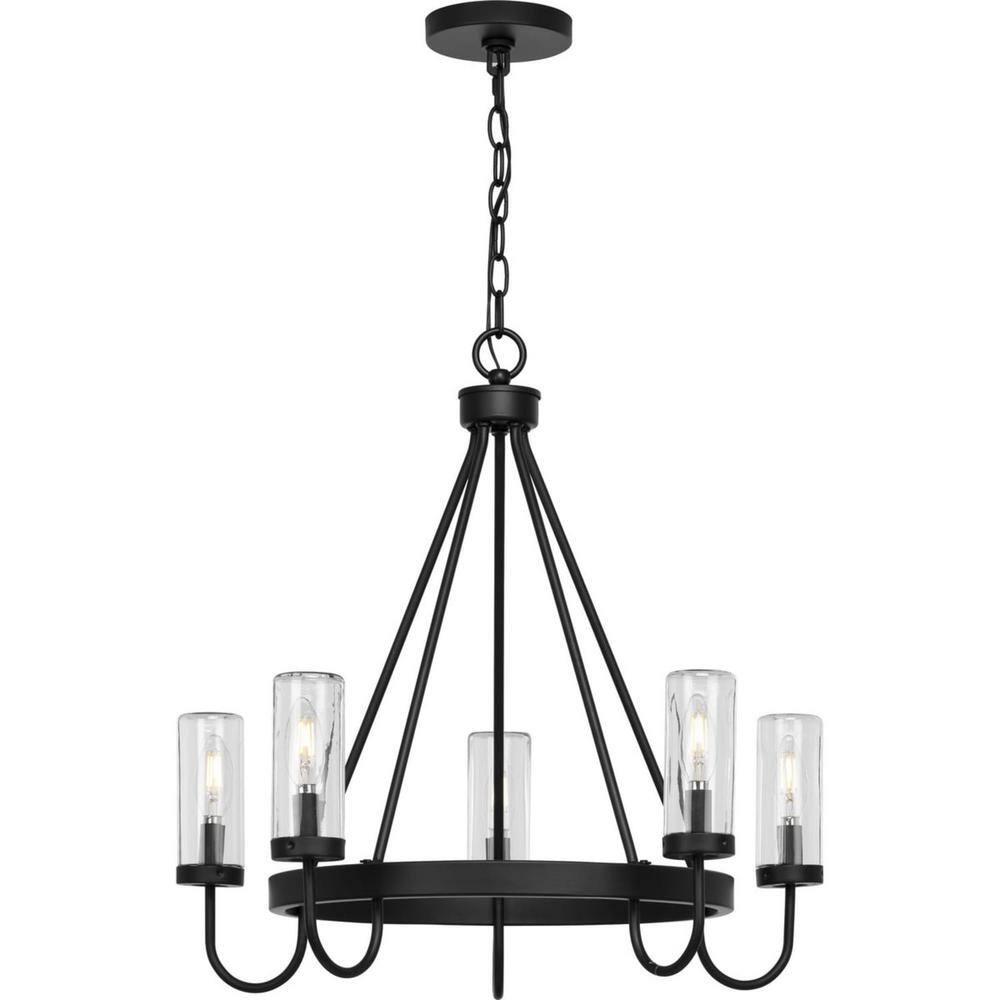 Progress Lighting Swansea 5-Light Outdoor Living Round Chandelier, Matte Black, Clear Glass