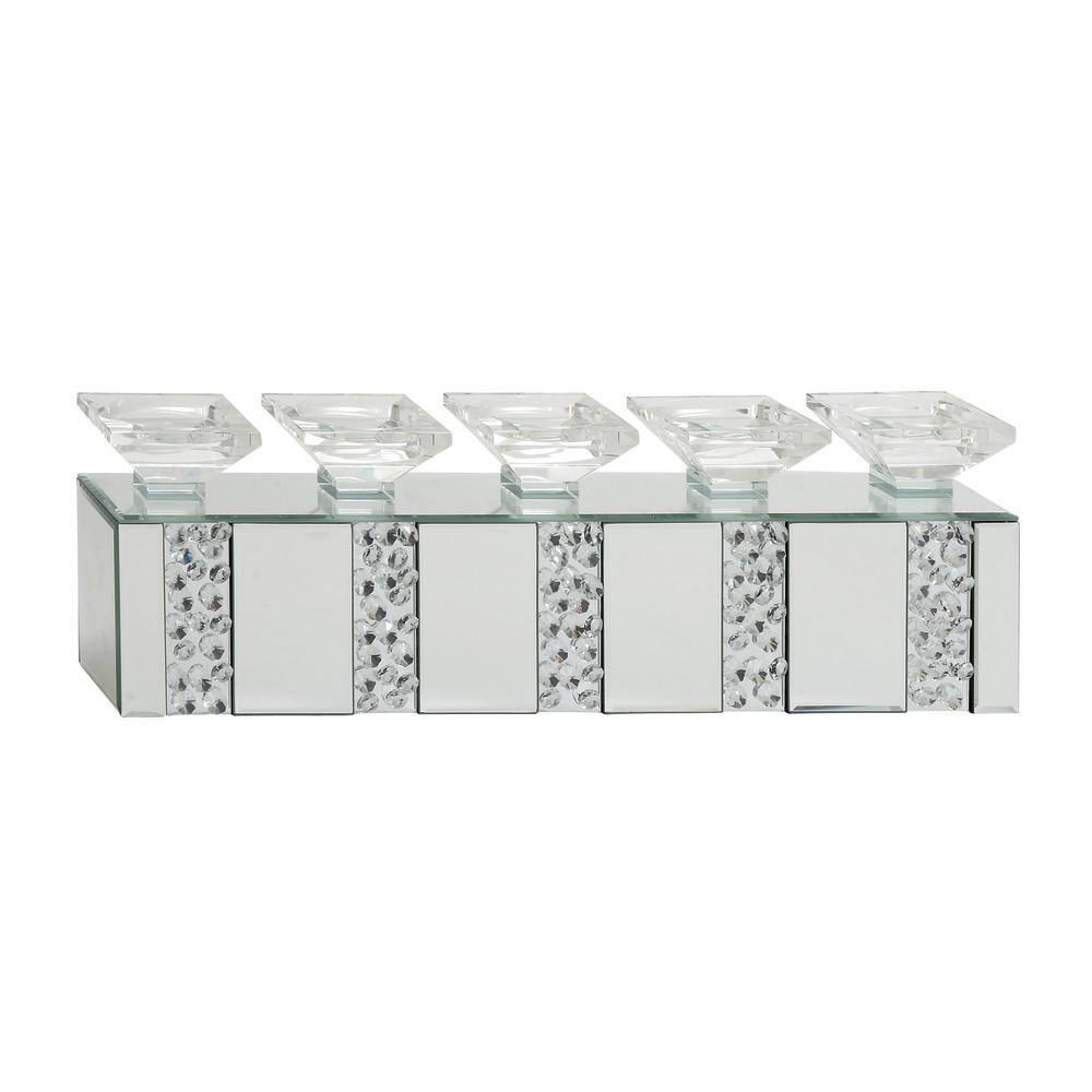 Mercer41 Glass Pillar 5 Plate Decorative Silver Candelabra with Mirrored Accents and Crystals