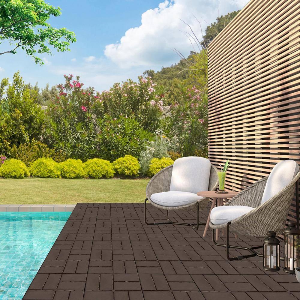 Goovilla Plastic Interlocking Deck Tiles, 27 Pack Outdoor Patio Flooring, 12"x12" Interlocking Decking Tile Outdoor All Weather Use, Waterproof Patio Pavers for Pool Balcony Backyard Porch, Dark Brown