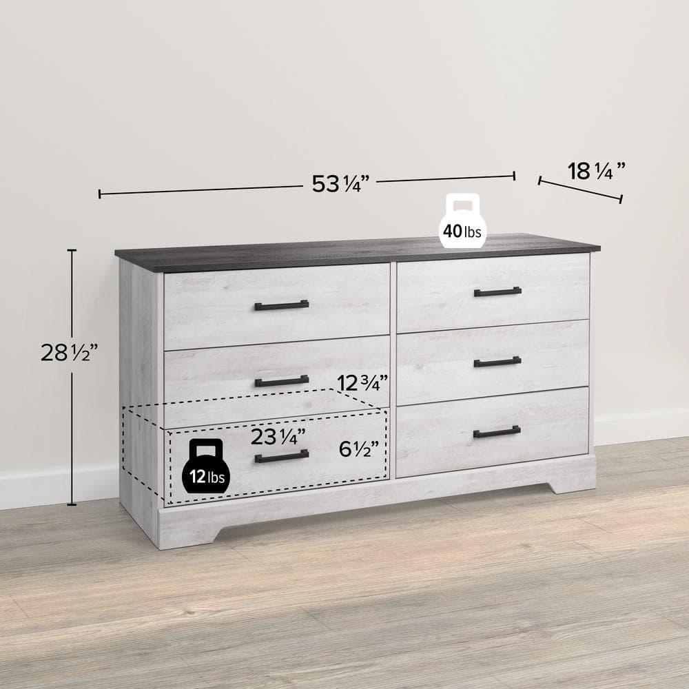 Prepac Rustic Ridge Farmhouse 6 Drawer Bedroom Dresser Washed White