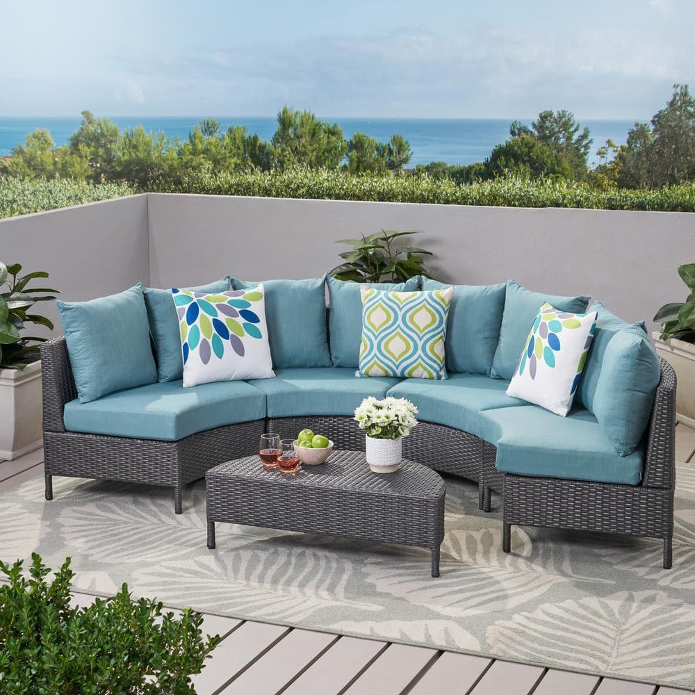 Noble House Newton 5 Piece Outdoor Wicker Sectional Sofa Set in Gray and Teal