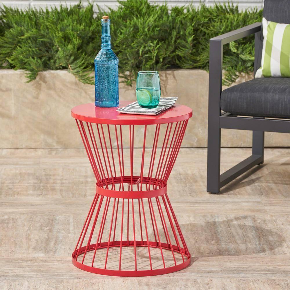 Noble House Lassen Outdoor Metal 16 Inch Side Table in Matte Red