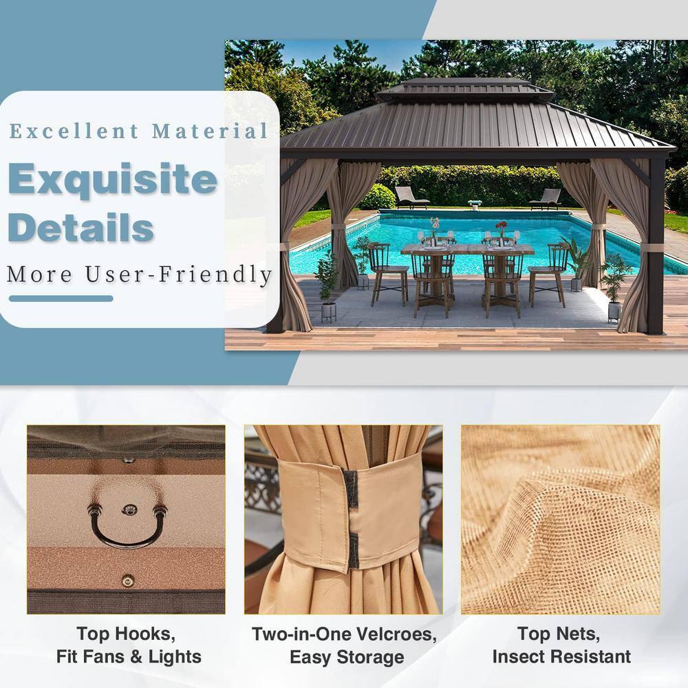 MELLCOM 10'x13' Hardtop Gazebo Double Roof Galvanized Steel Canopy with Aluminum Frame, Permanent Metal Pavilion with Netting and Curtains for Patio, Gardens and Lawns