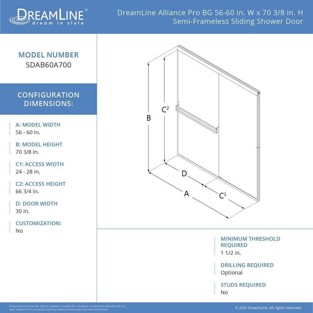 DreamLine Alliance Pro BG 56-60 in. W x 70 3/8 in. H Semi-Frameless Sliding Shower Door