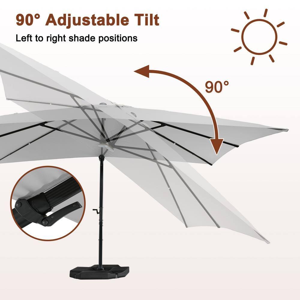 10ft Square Solar LED Cantilever Patio Umbrella with Bluetooth Light for Outdoor Shade Grey with base B