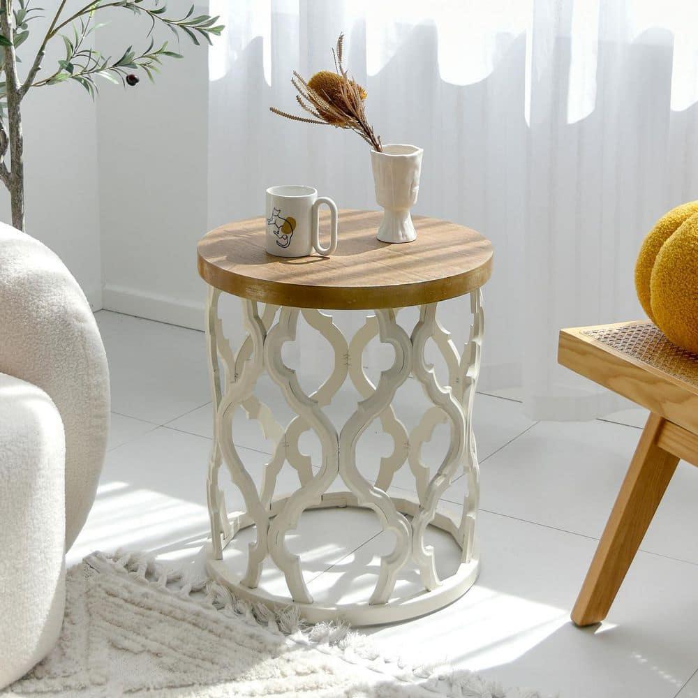 COZAYH Mesa Auxiliar Rústica Mesa Auxiliar con Tapa de Madera Desgastada y Base de Marco con Motivo Curvo para Decoración Boho, de Granja, Redonda, Natural