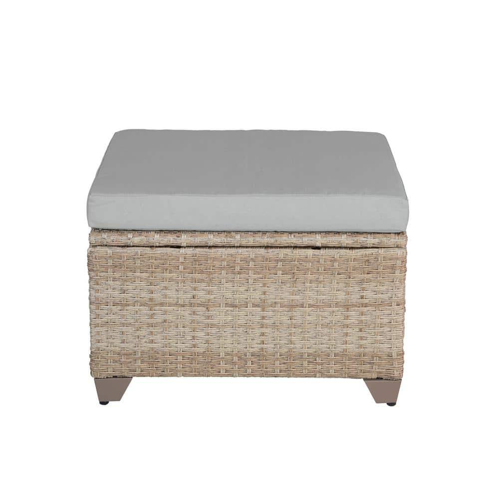Maui Natural Aged Wicker Outdoor Ottoman with Stone Cushion