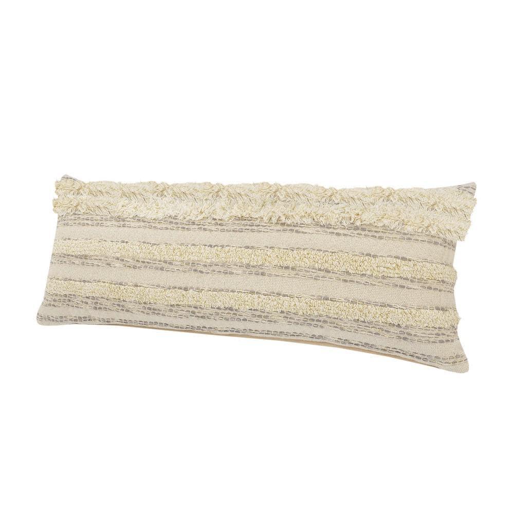 ZeaZu 14" X 36" Cream Gray And Gold 100% Cotton Striped Zippered Pillow