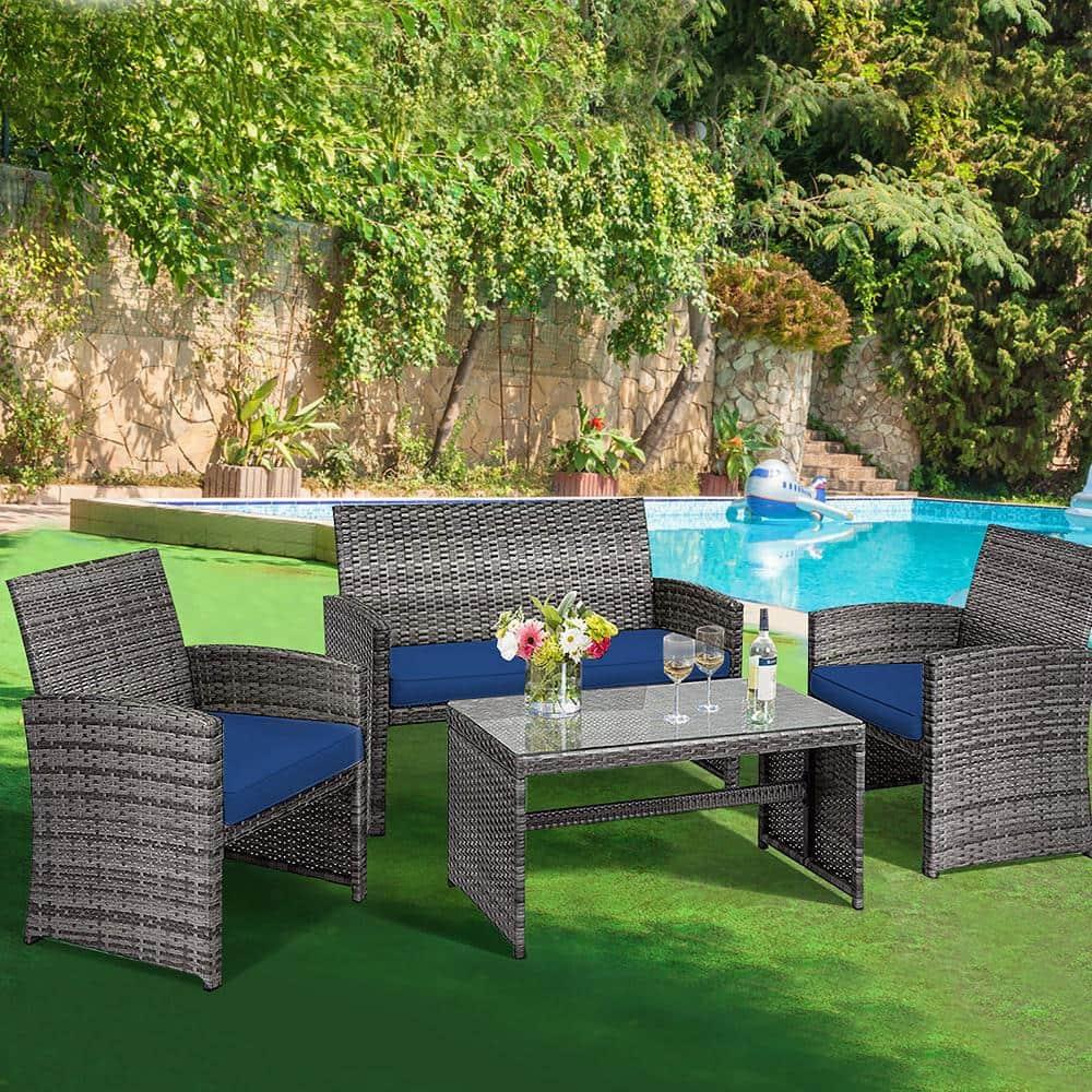 Resenkos 4 Pieces Outdoor Rattan Furniture Set, Wicker Furniture Sets, Patio Conversation Sets with Coffee Table Cushioned Sofa-Red