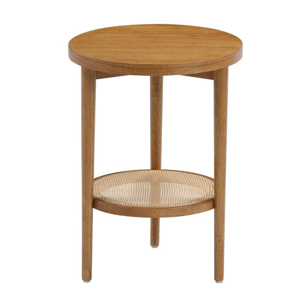 Nathan James Sonia Boho Round Wood Side Table with Storage, Natural Sofa Side Table in Honey Brown with Rattan Storage Shelf for Living Room, Bedroom or Nursery