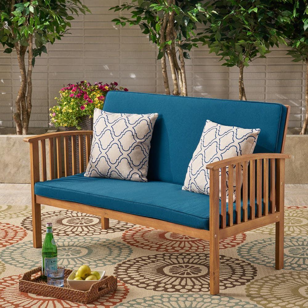 GDF Studio Oliver Outdoor Acacia Wood Loveseat, Brown and Dark Teal