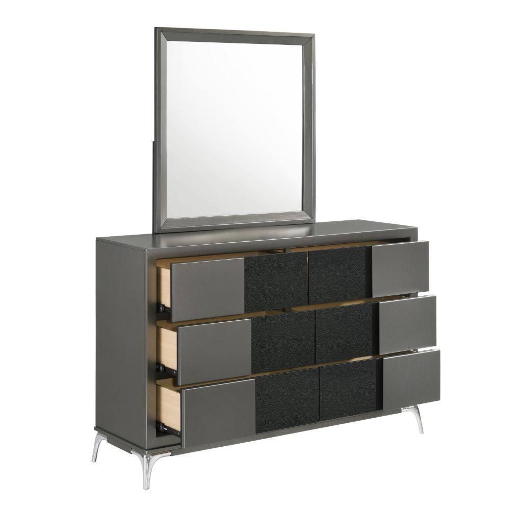 Benjara Rya 56 Inch Modern Wide Dresser with 6 Drawers, Gray Wood, Chrome