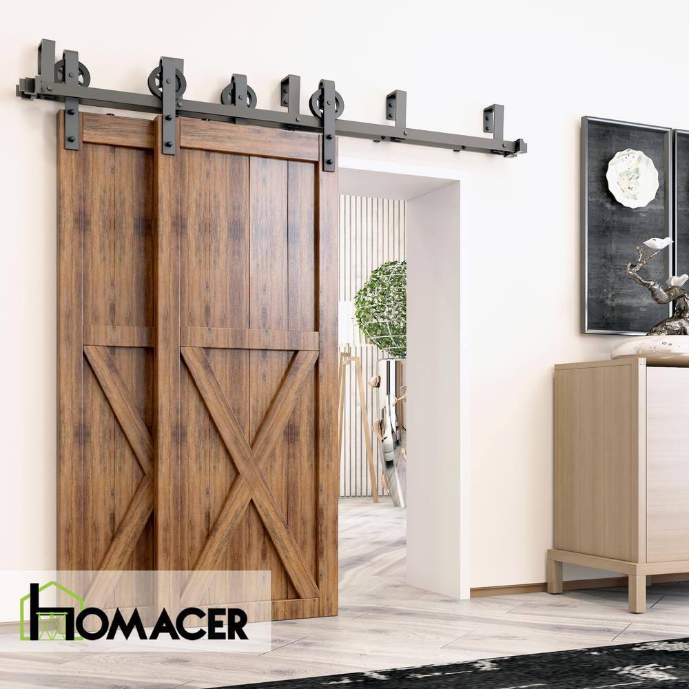Homacer Black Rustic Double Track U-Shape Bypass Sliding Barn Door Hardware Kit, for Two/Double Doors, 8ft Long Flat Track, Spoke Wheel Design Roller, Heavy Duty, for Interior & Exterior Use