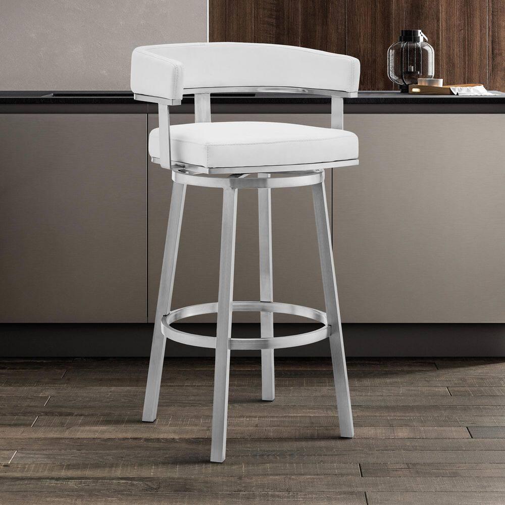 Armen Living Lorin30" White Faux Leather and Brushed Stainless Steel Swivel Bar Stool