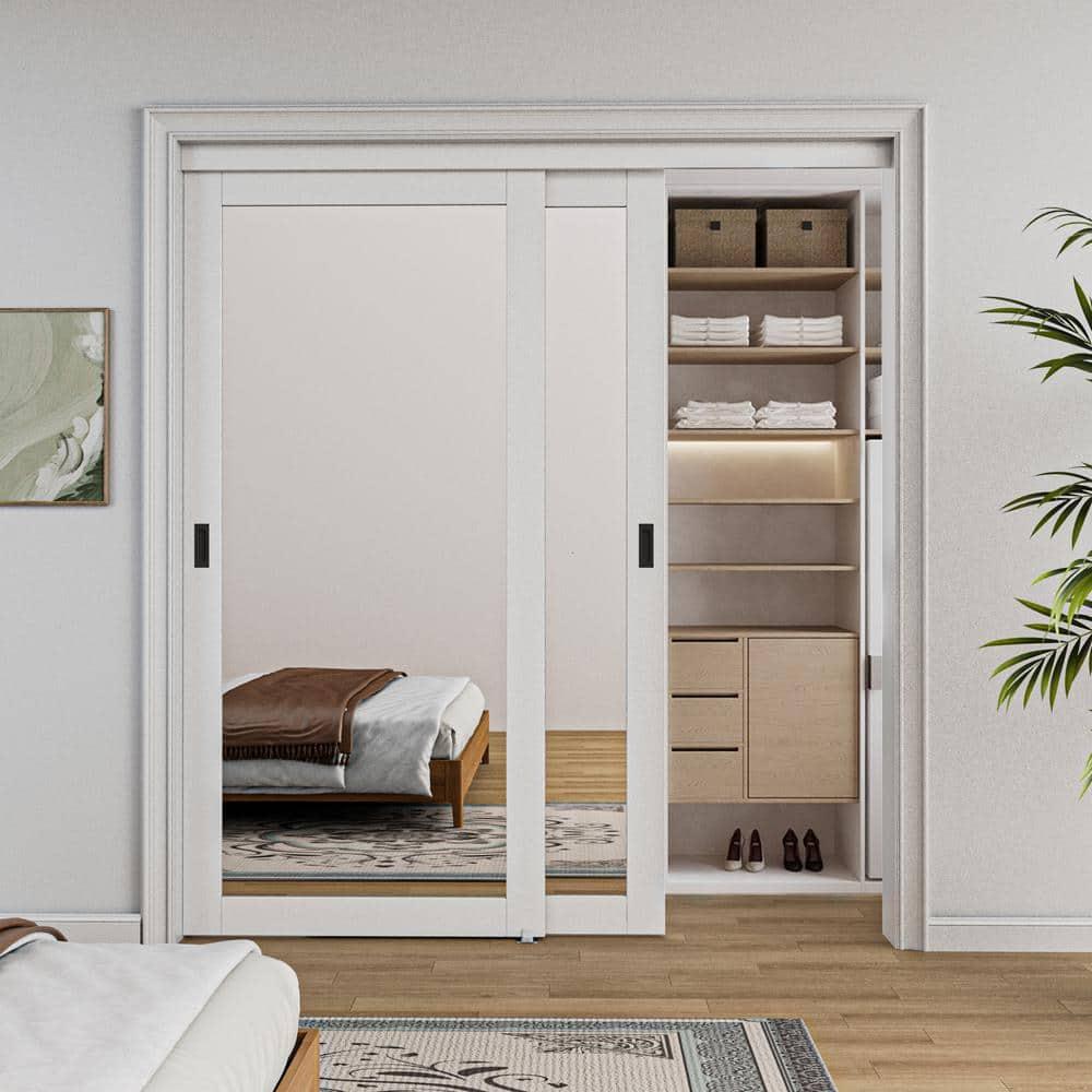 ARK DESIGN 80” Tempered 1 Lite Frosted Glass White Closet Sliding Door with Hardware & Handles