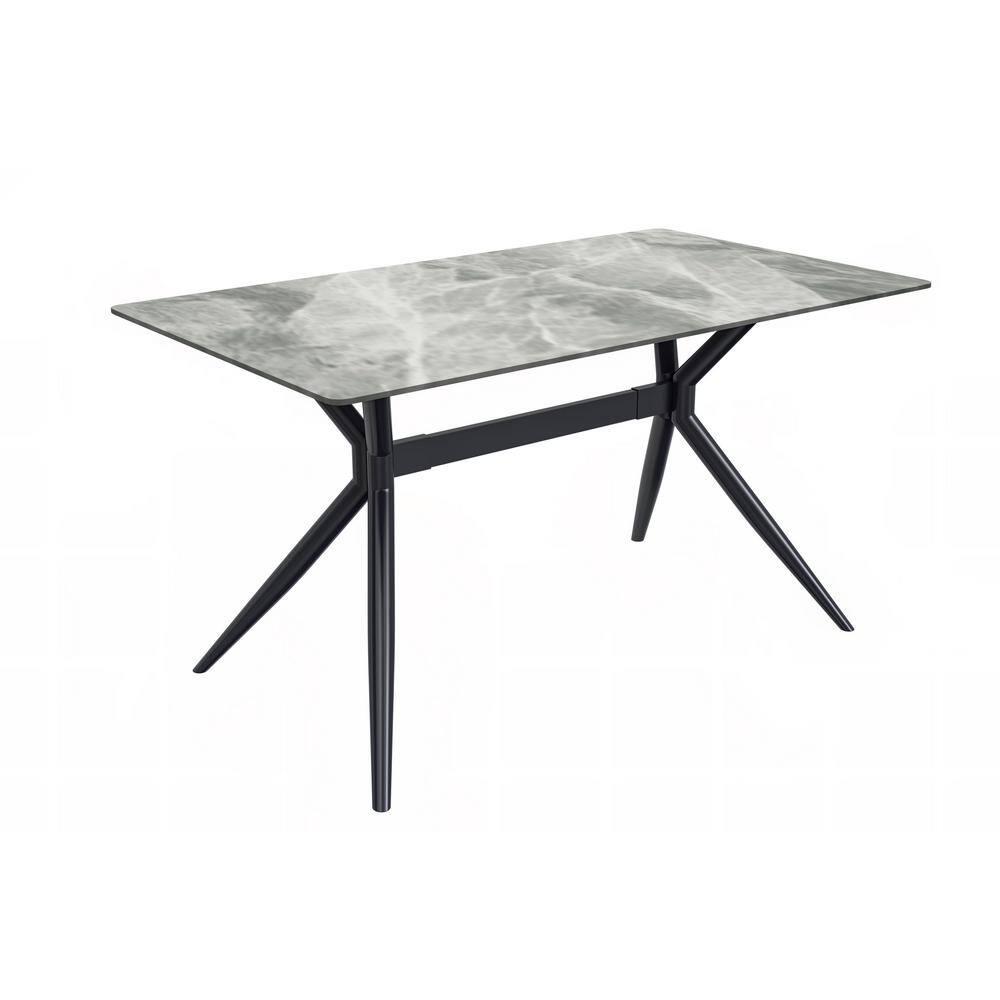 LeisureMod Elega Series Modern 62” Dining Table with Sintered Stone or Glass Rectangular Top and Black Stainless Steel Base in Light Grey