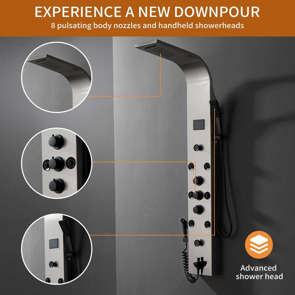 BWE 8-Jet Rainfall Shower Panel System with Rainfall Waterfall Shower Head and Shower Wand in