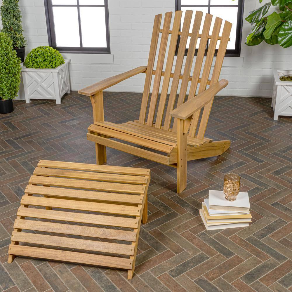 Saranac 2-Piece Traditional Rustic Acacia Wood Adirondack Chair with Detachable Ottoman, Teak Brown - JONATHAN Y