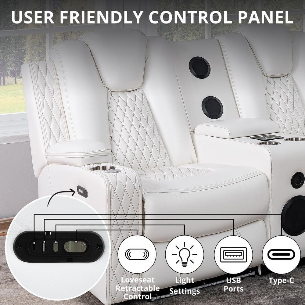 Home Theater Seating, Gaming Couch for Adults, Wireless Charging Movie Theater Couch, Power Recline Loveseat with 6 Cup Holders and Tray, Powerful in-Built Speaker, USB-Color:White,Fabric:Air Leather