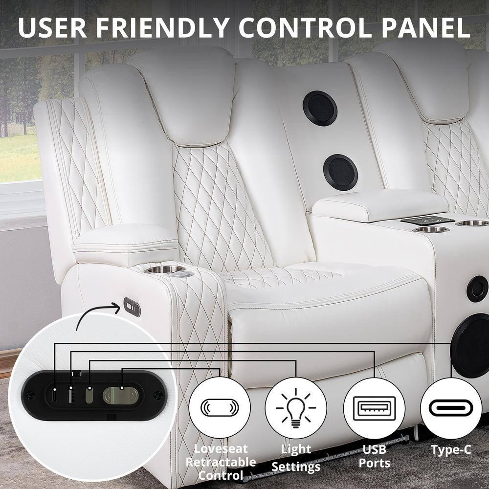 Home Theater Seating, Gaming Couch for Adults, Wireless Charging Movie Theater Couch, Power Recline Loveseat with 6 Cup Holders and Tray, Powerful in-Built Speaker, USB-Color:White,Fabric:Air Leather