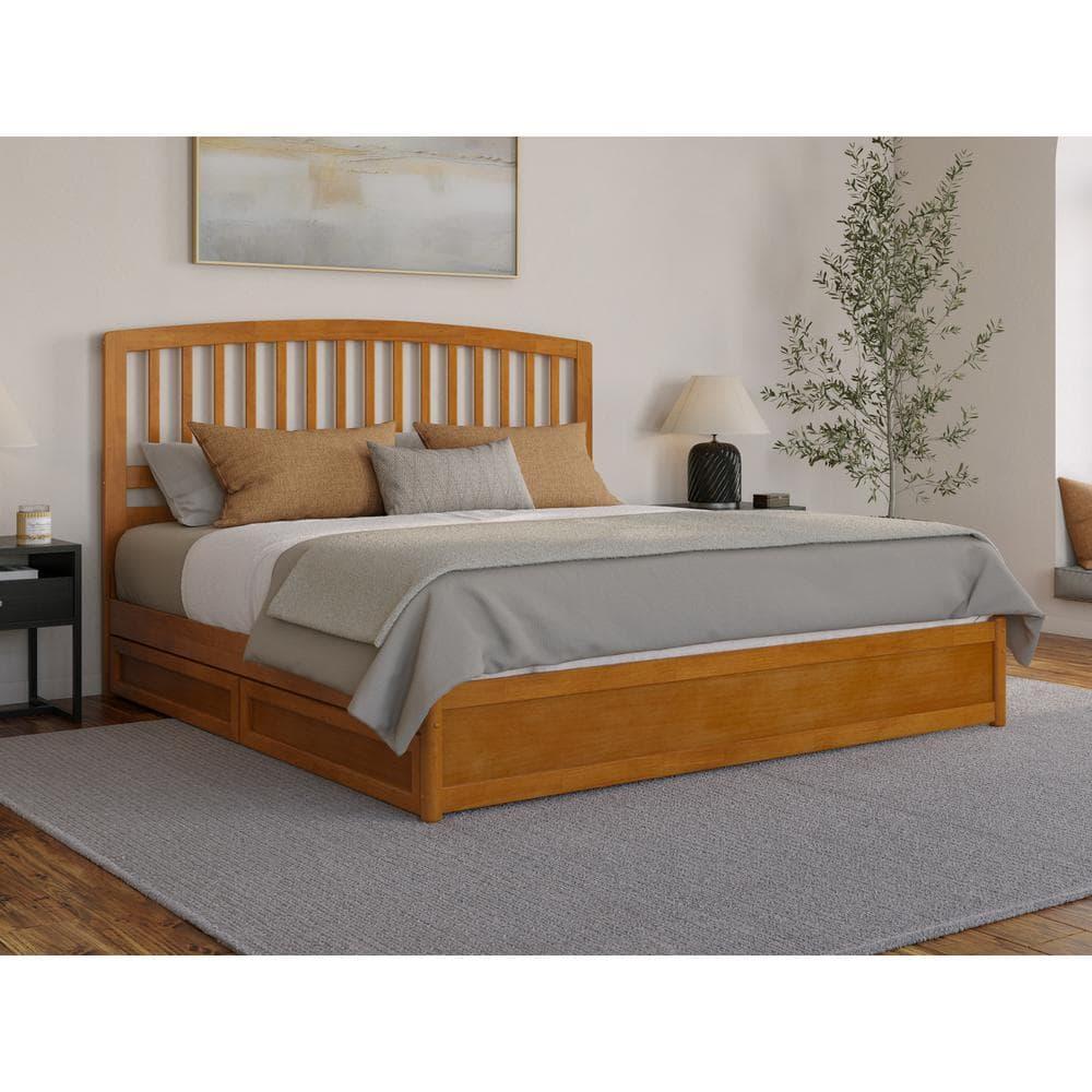 Lucia King Wood Platform Bed with Panel Footboard & Drawers in Light Toffee