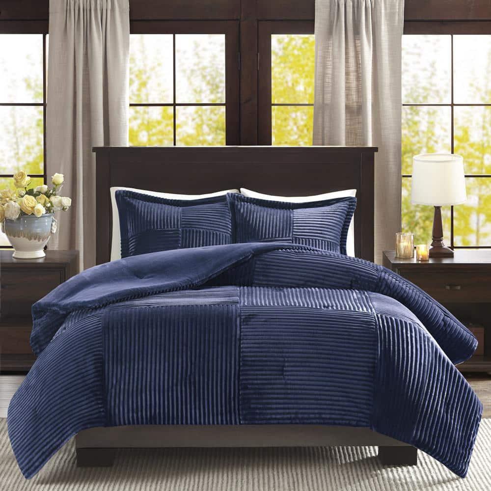 Madison Park 3pc Full/Queen Williams Corduroy Plush Comforter Mini Set Navy Blue: Microfiber, Transitional Style, Machine Washable