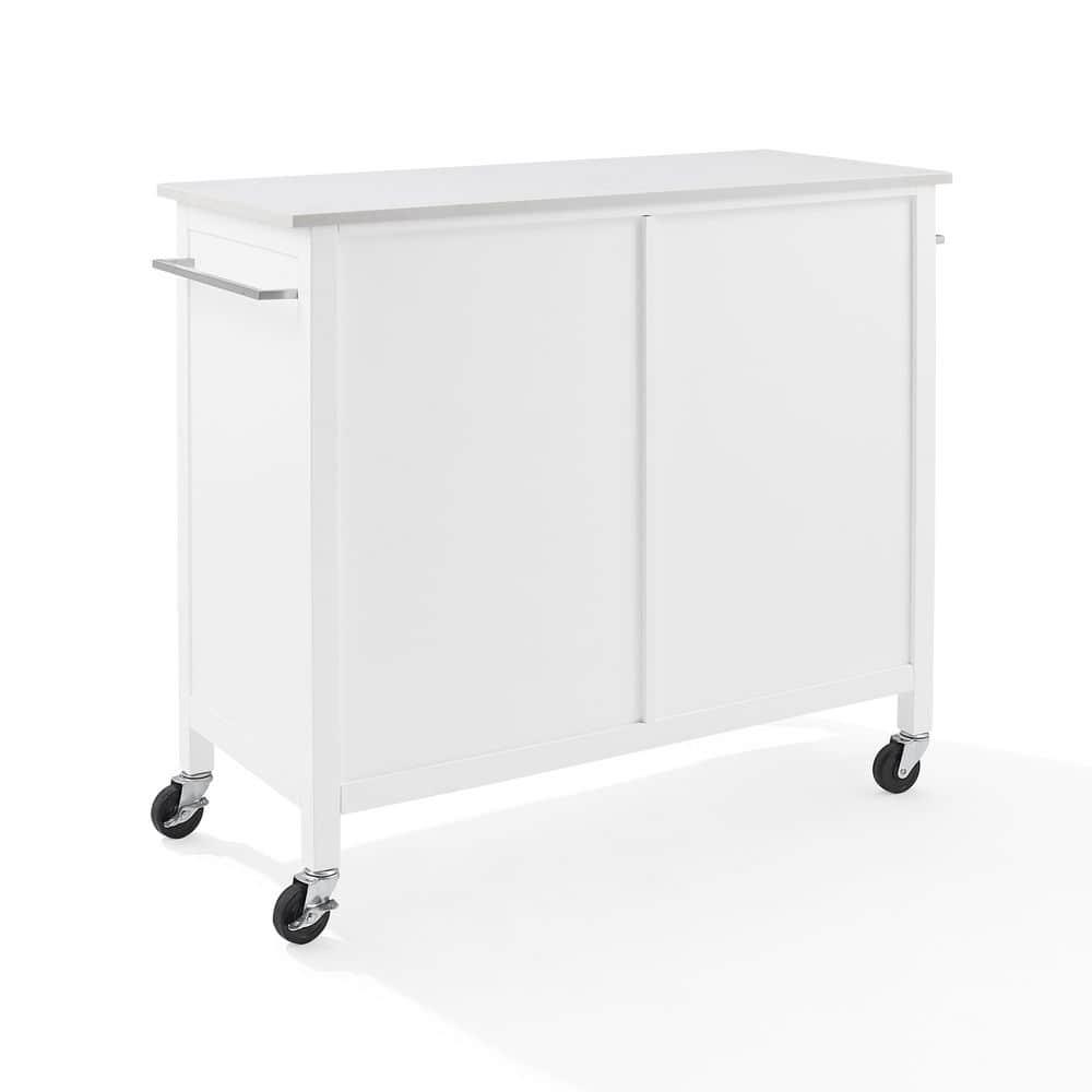 Crosley Soren Stone Top Kitchen Island/Cart White: Rolling Cart with Storage, 2 Shelves, 3 Drawers, Traditional Style