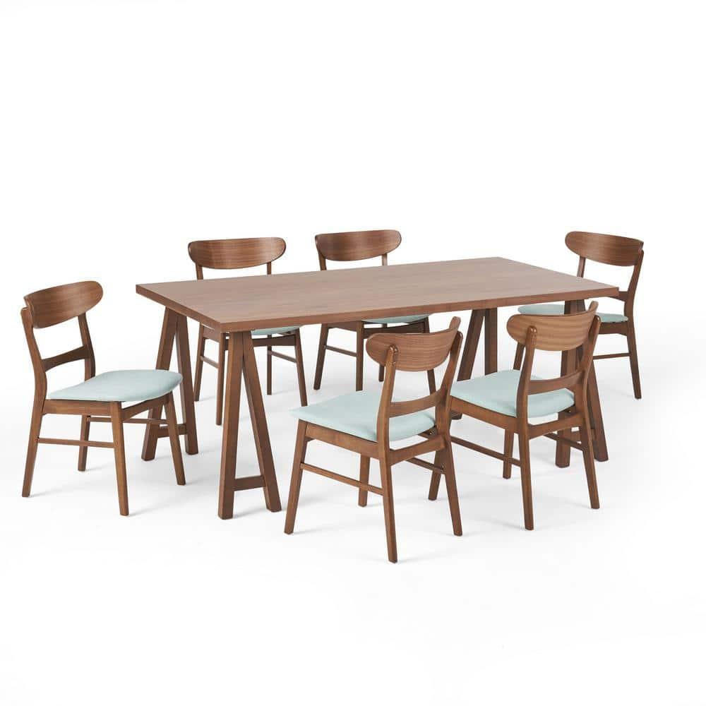 Noble House Lydia Mid-Century Modern 7 Piece Dining Set, Mint and Walnut