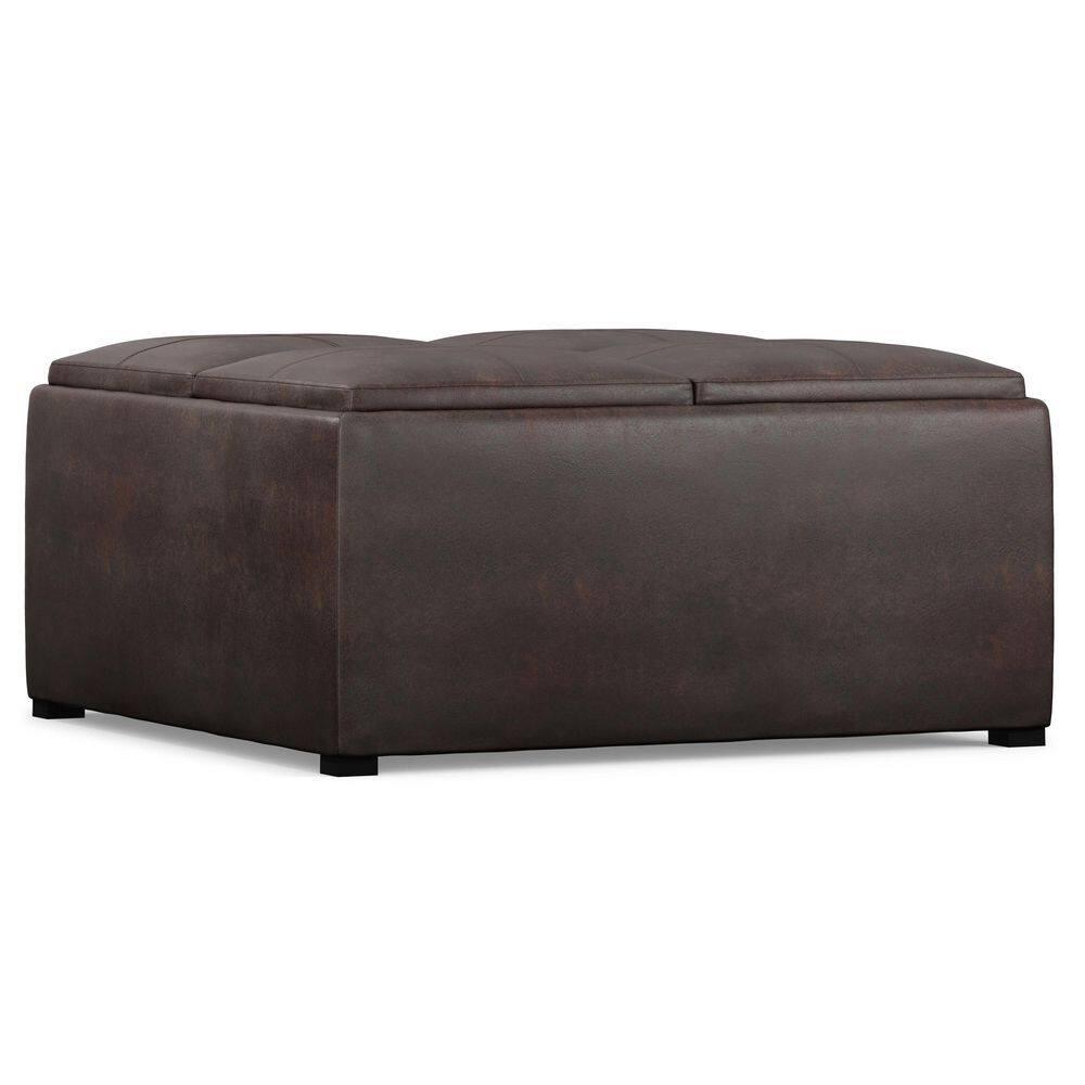 Simpli Home Avalon 35"W Upholstered Square Coffee Table Storage Ottoman with Flip-Over Trays
