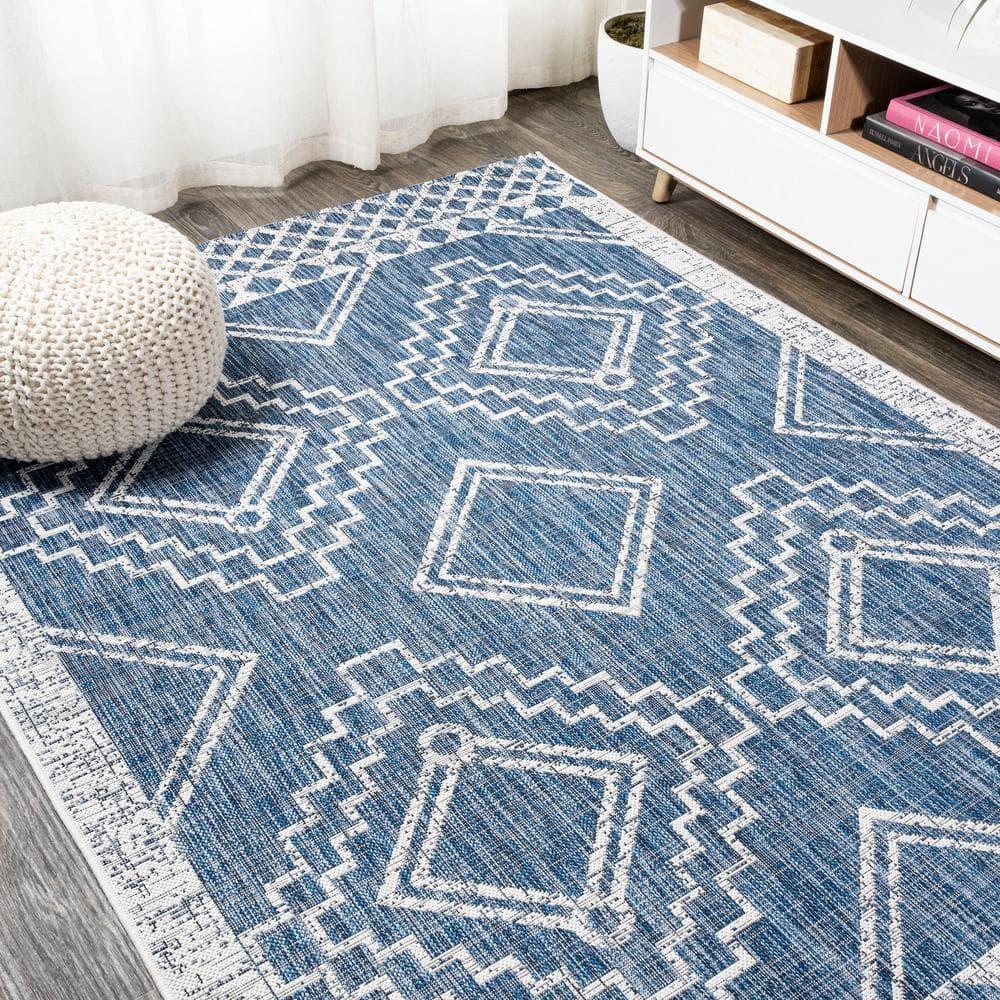 3'x5' Marokko Diamond  Medallion Indoor/Outdoor Area Rug, Blue/Ivory - JONATHAN Y
