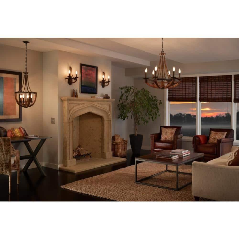 Mini Adan Rustic Iron & Burnished Wood 6-Light Chandelier