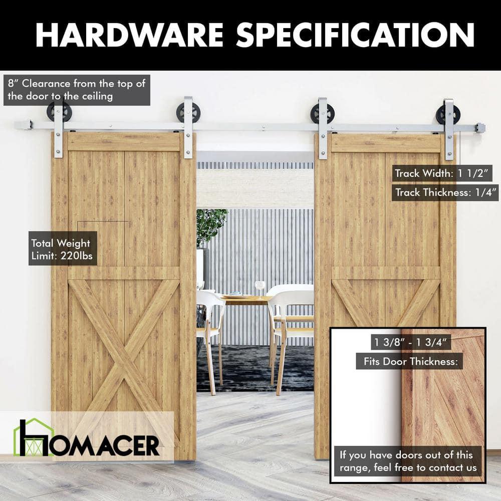 Homacer Brushed Nickel Sliding Barn Door Hardware Kit, for Two/Double Doors, 5ft Long Flat Track, Spoke Wheel Design Roller, Heavy Duty, for Interior & Exterior Use
