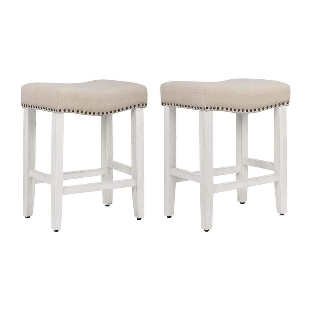 GRANDVILLE 24" Upholstered Bar Stool with Nail Head Trim (Set of 2), Antique White/Beige