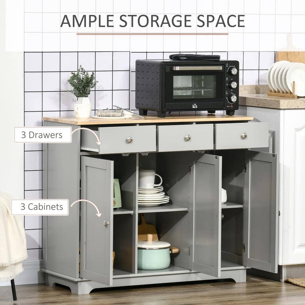 HOMCOM Kitchen Storage Cabinet, Sideboard Floor Cupboard with Solid Wood Top, Adjustable Shelf, and 3 Drawers for Living Room, Gray