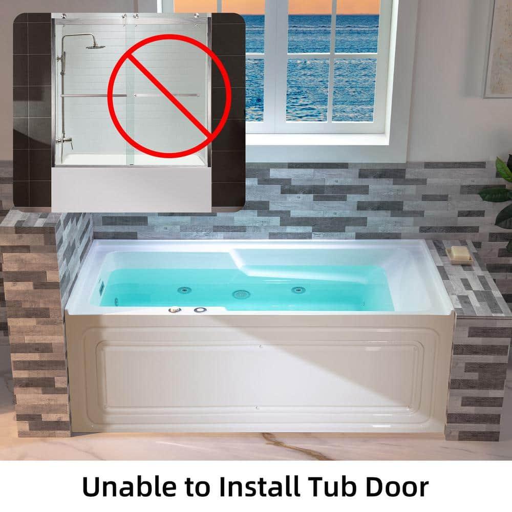 60" x 30" Whirlpool Heated Rectangular Alcove Acrylic Bathtub with Chrome/Matte Black Drain and Overflow