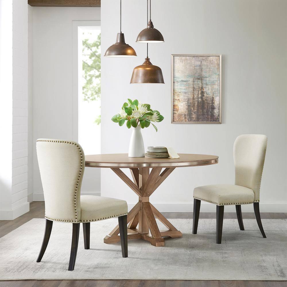Set of 2 Savoy Upholstered Dining Armless Chairs Cream - Alaterre Furniture: Faux Leather, Nailhead Detail, Rubberwood Frame