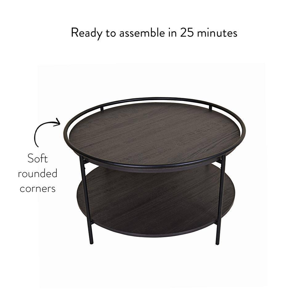 Nathan James Paloma Round Coffee Tea or Cocktail with Raised Tray Top Edge Tables, 2-Tier Minimalist Style Living Room, Dark Oak/Matte Black