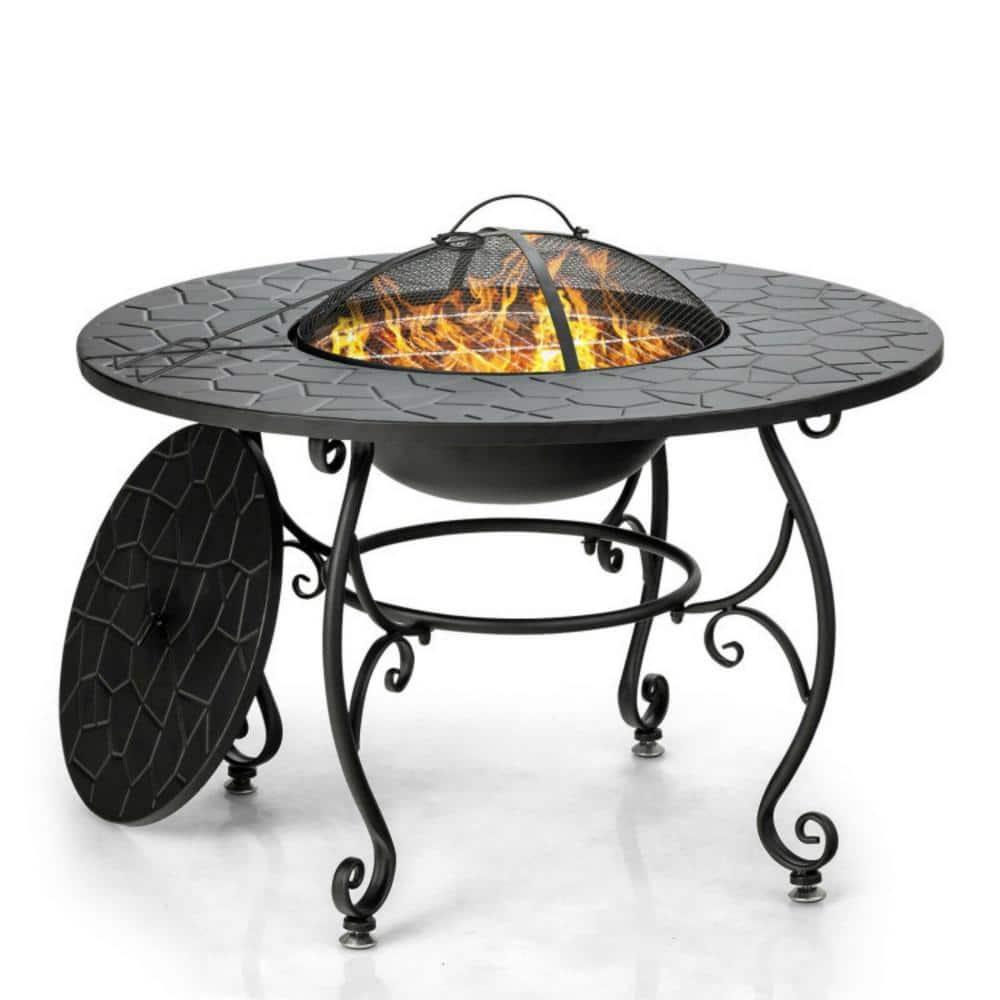Costway 35.5'' Patio Fire Pit Dining Table Charcoal Wood Burning W/ Cooking BBQ Grate