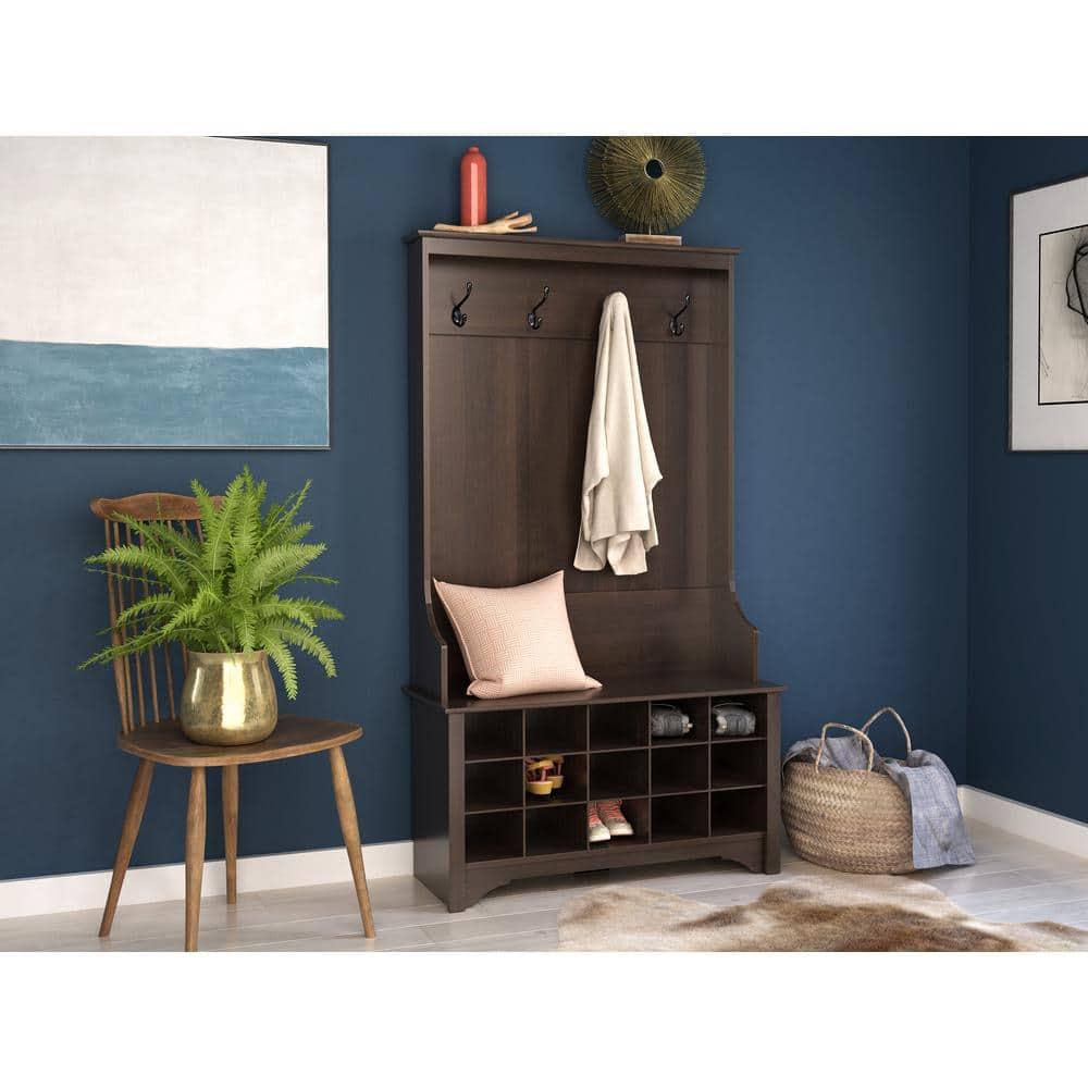 Prepac Hall Tree with Shoe Storage Espresso Brown: Entryway Organizer, 4 Metal Hooks, Wood Composite