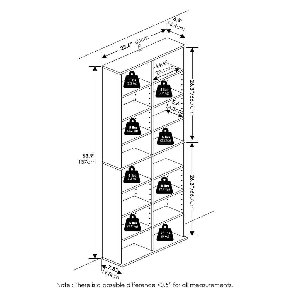 Furinno JAYA 16-Shelf Multimedia Media Storage Tower Rack with Adjustable Shelves, White