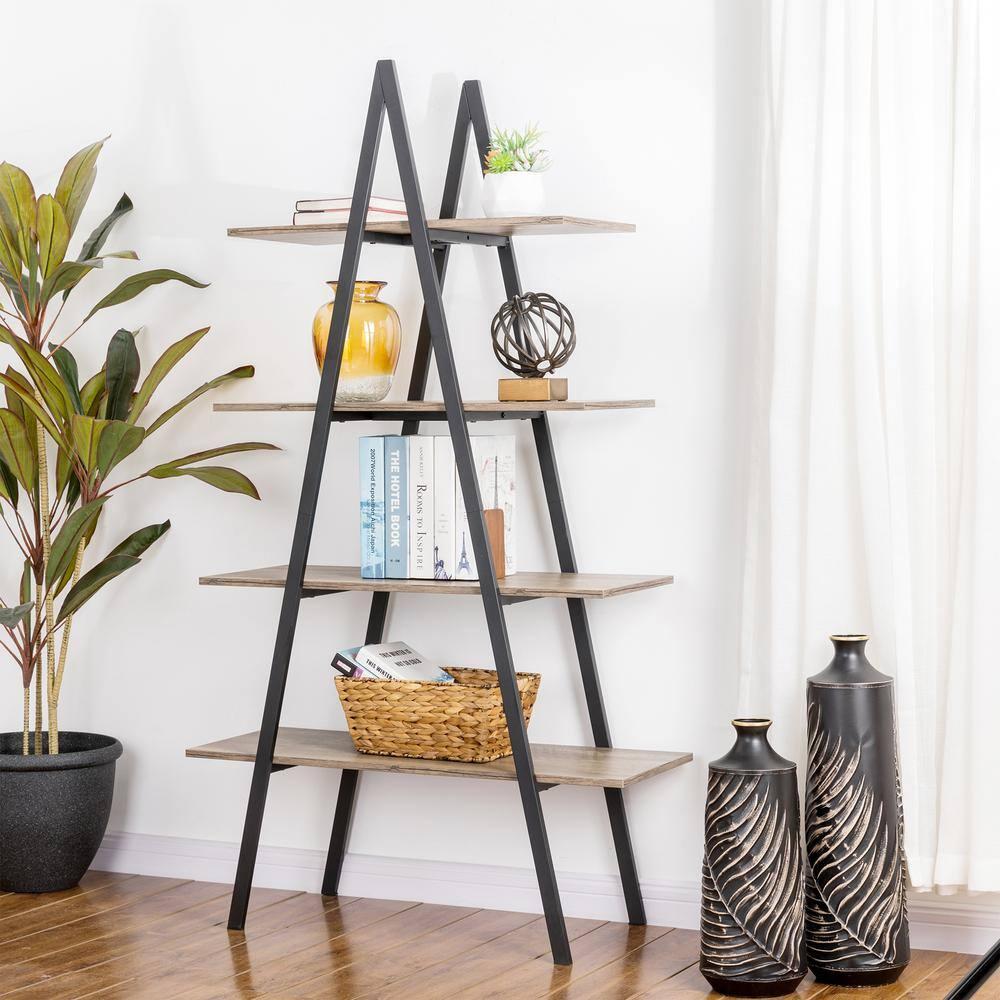 Glitzhome 64.5"H Modern Industry Wooden Oak Melamine 4-Tier Metal/ Wooden Leaning Bookcases & Ladder Shelves