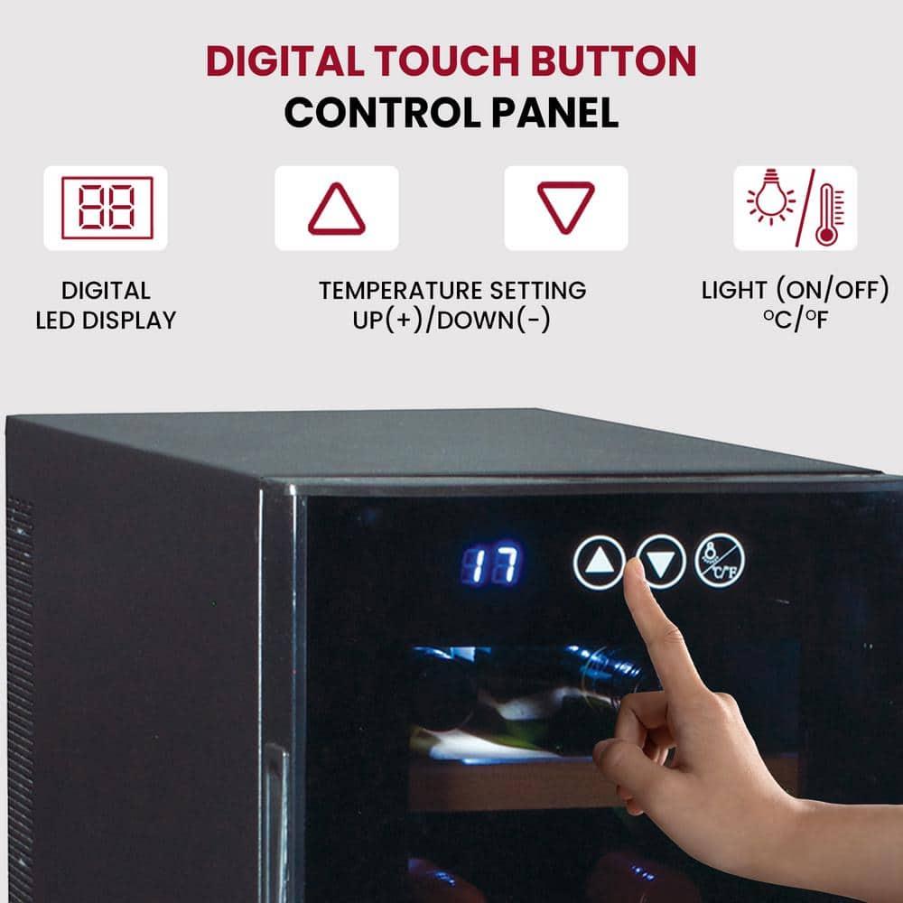 Koolatron Wine Cooler Refrigerator 12 Bottle Deluxe Countertop Compact Wine Cellar, Small Freestanding: Black Glass Door, Thermoelectric, 6 Shelves